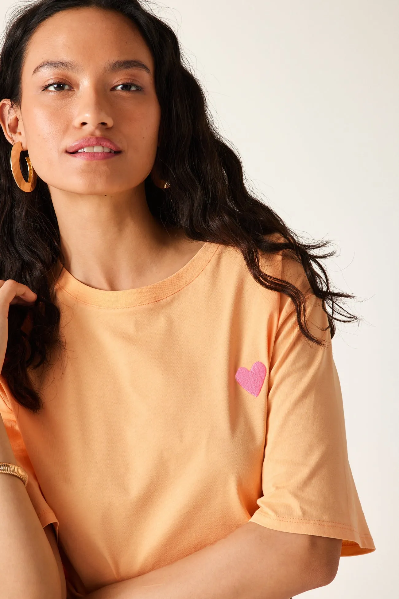 T-shirt cœur brodé Femme - Orange