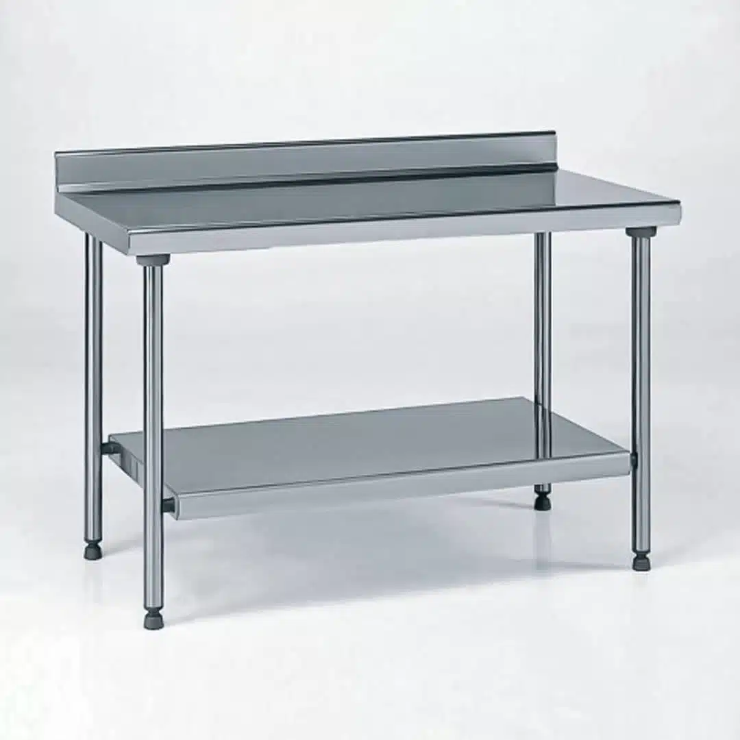 Table inox TS 15N démontable sur mesure à dosseret + étagère pieds ronds largeur 600 mm